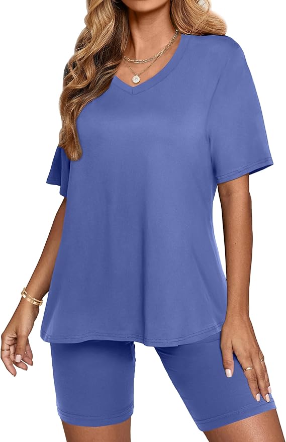 AGSEEM Two Piece Outfits For Women Summer V Neck T-Shirt Tops Biker Shorts Workout Sports Tracksuit