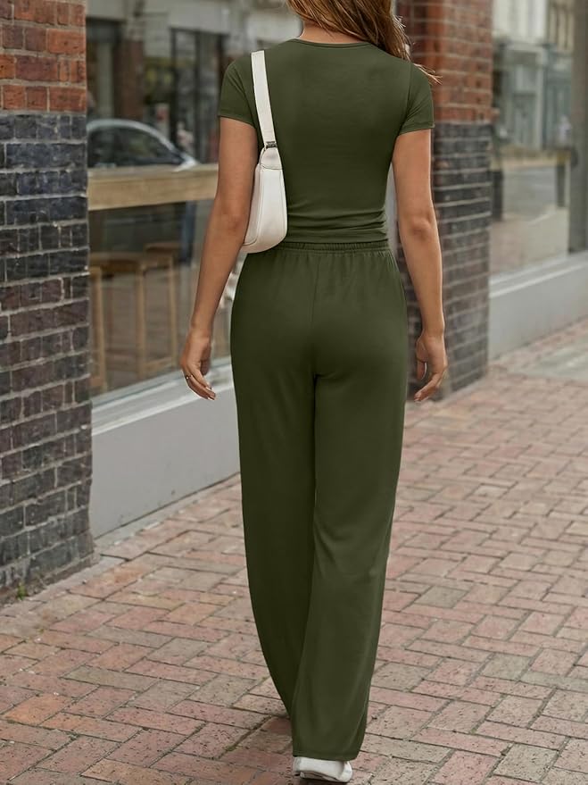 Trendy Queen Women's 2 Piece Matching Lounge Sets Summer Henley Neck Slightly Crop Top Wide Leg Pants Casual Sweat Suit