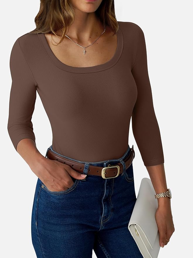 Womens 3/4 Sleeve Scoop Neck Top Ribbed Knit Slim Fitted Casual Basic Tee Shirts 2025 Fall Trendy Work T-Shirt Outfits
