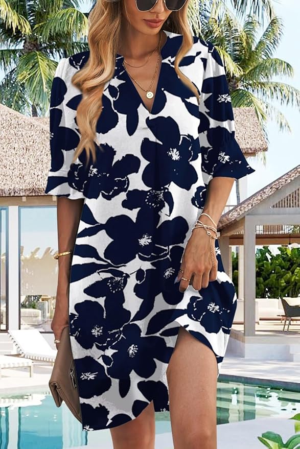 QACOHU Summer Dresses for Women V Neck Ruffle Short Sleeve Casual Shift Dress
