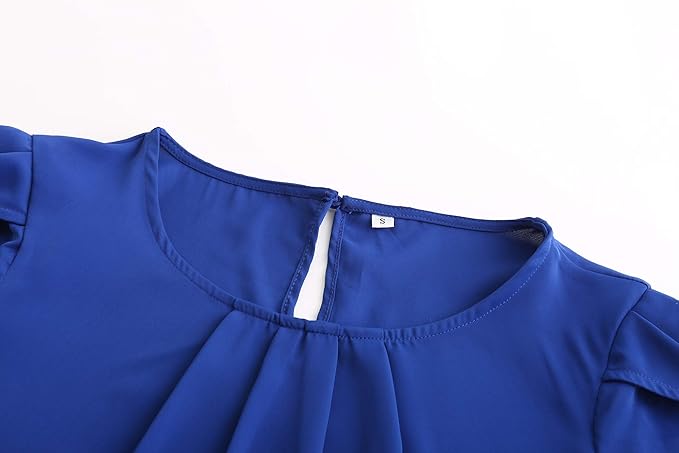 TASAMO Women's Casual Round Neck Basic Pleated Top Cap Sleeve Curved Keyhole Back Chiffon Blouse
