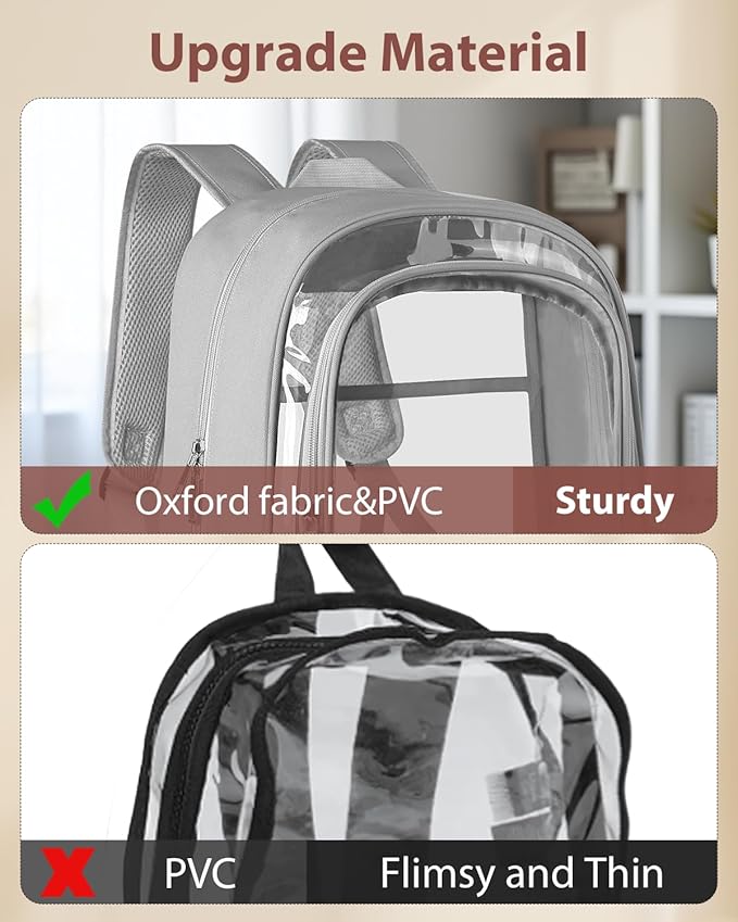 KIMNERPU Clear Backpack, Heavy Duty Transparent Bookbag for School, Fabric & PVC Transparent Backpack with Reinforced Strap for Women Men, Capacity Clear Bag for College, Travel, X-Large Grey