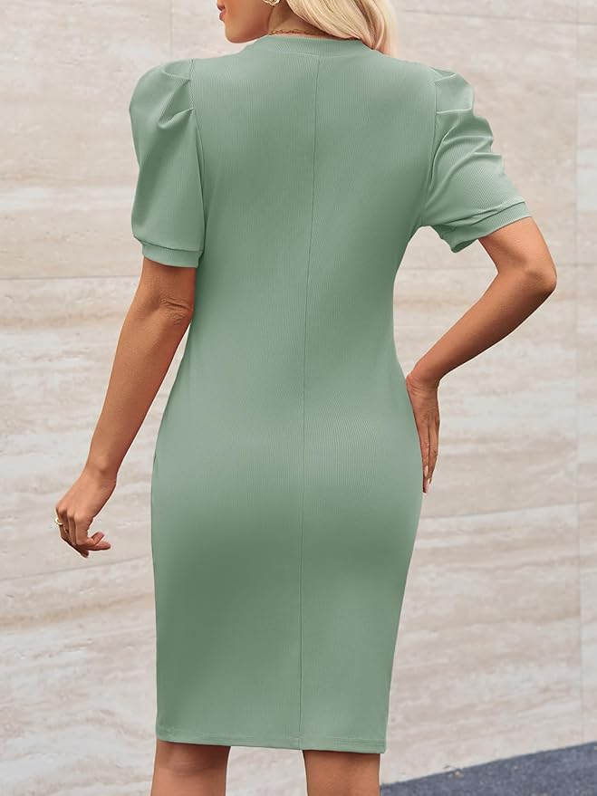 Cicy Bell Women's Puff Sleeve Bodycon Work Dresses Crew Neck Business Casual Office Pencil Dress
