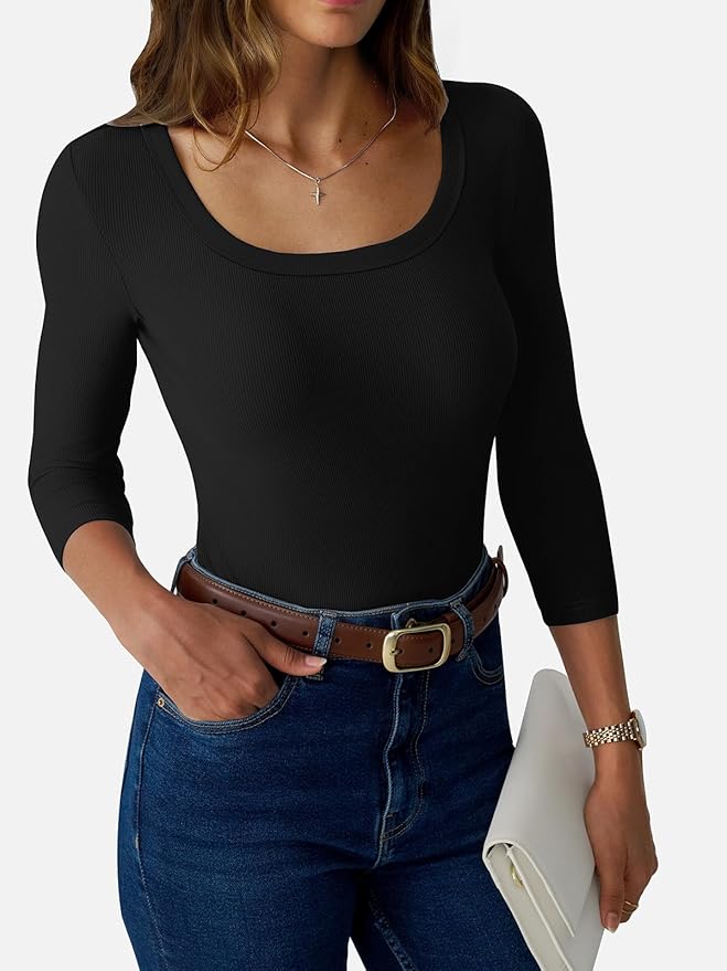 Womens 3/4 Sleeve Scoop Neck Top Ribbed Knit Slim Fitted Casual Basic Tee Shirts 2025 Fall Trendy Work T-Shirt Outfits