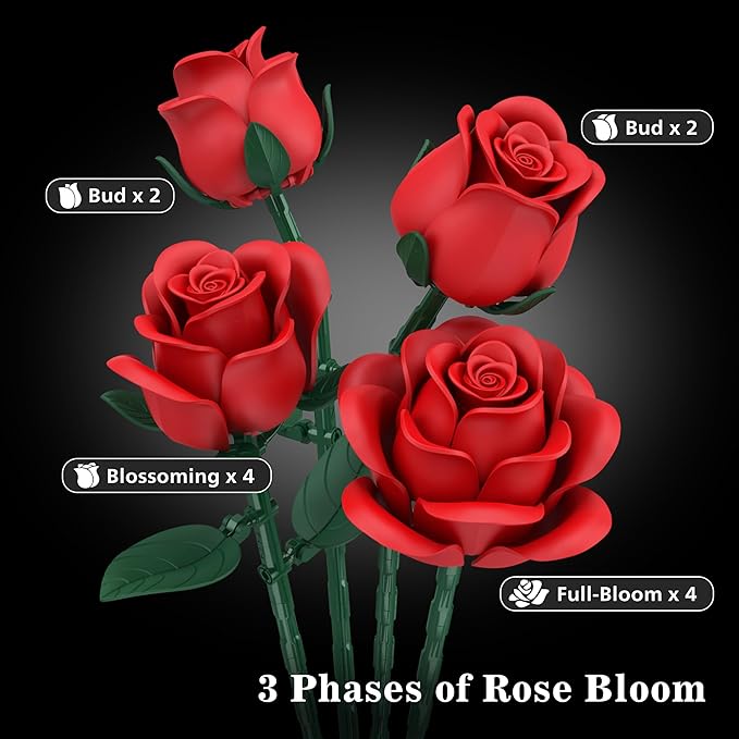 Red Roses Flower Bouquet Building Sets, 670Pcs Artificial Flowers Building Blocks Compatible with Lego Flowers Valentines Day Gifts for Her/Mom/Girlfriend/Wife/Couple Romantic Table Home Decor