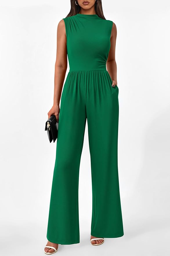 PRETTYGARDEN Womens Summer Jumpsuits Dressy Casual One Piece Outfits Sleeveless Mock Neck Wide Leg Pants Rompers with Pockets