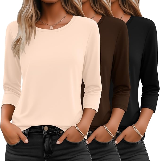 Ficerd 3 Pack 3/4 Sleeve Tops for Women Round Neck Dressy Basics Tees Casual Trendy Loose Fit T Shirts