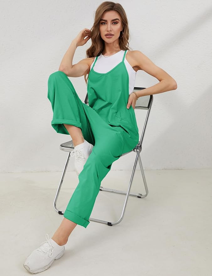 Lentta Women's Causal Jumpsuits V Neck Sleeveless Harem Overalls Stretchy Adjustable Strap Romper with Pockets