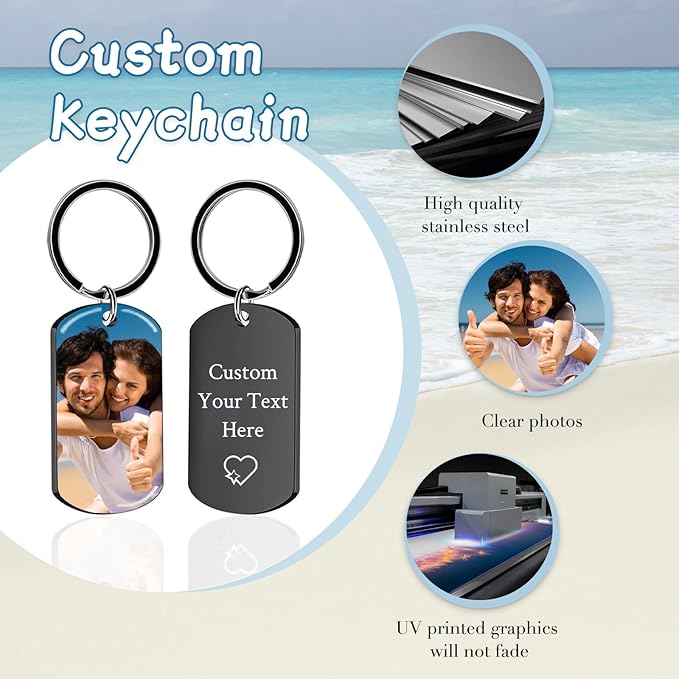 RSQGT Personalized Custom Keychain with Picture - Double Sided Engraving Photo Text Customized Key Chains for Men Boyfriend