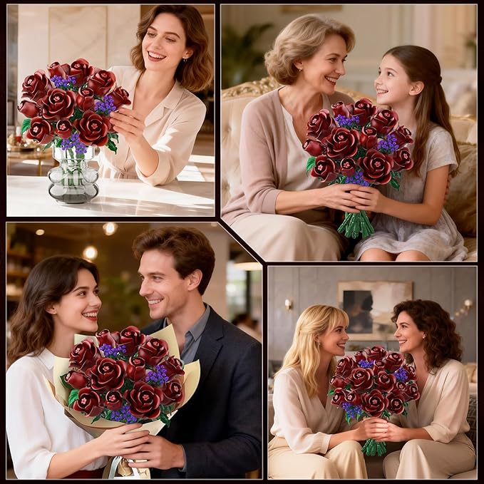 HOGOKIDS Flowers Bouquet Building Set - 15 Burgundy Roses Valentine's Day Gfit for Her, 330PCS Deep Red Rose Botanical Collection Building Blocks Artificial Flower Home Office Decor for Adults Kids 8+