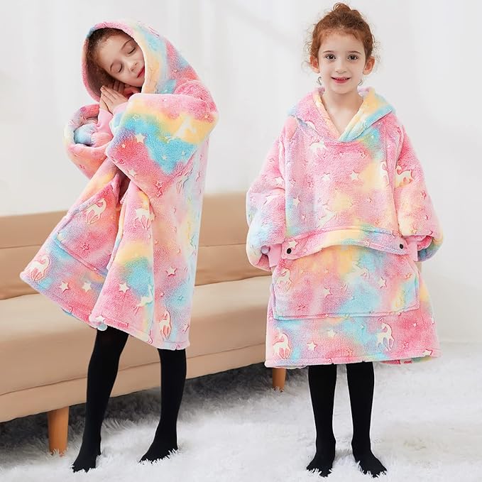 Glow in The Dark Wearable Blanket Hoodie for Kids Sherpa Patterns Oversized Sweatshirt Blanket with Pocket 6-10 Year Old Girl Birthday Gifts Rainbow