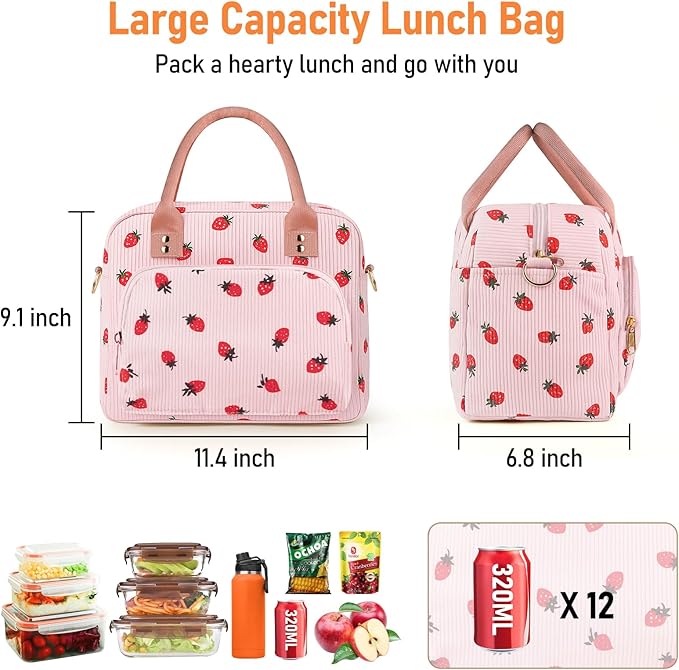 Lunch Bag Large Insulated Lunch Box for Women Adult Cute Pink Strawberry Lunchbox Corduroy Lunch Bags Boxes Pail with Shoulder Strap for Work Mom Picnic Office Travel 11.4×6.8×9.1 inches 11.5L