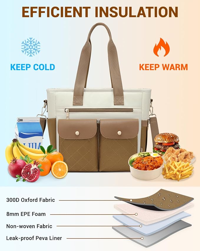 RalChyez Lunch Box for Women, Large Lunch Tote Leakproof Adult Lunch Bag Insulated Lunch Cooler Purse with Storage Pocket for Work Picnic Beach Trip Brown