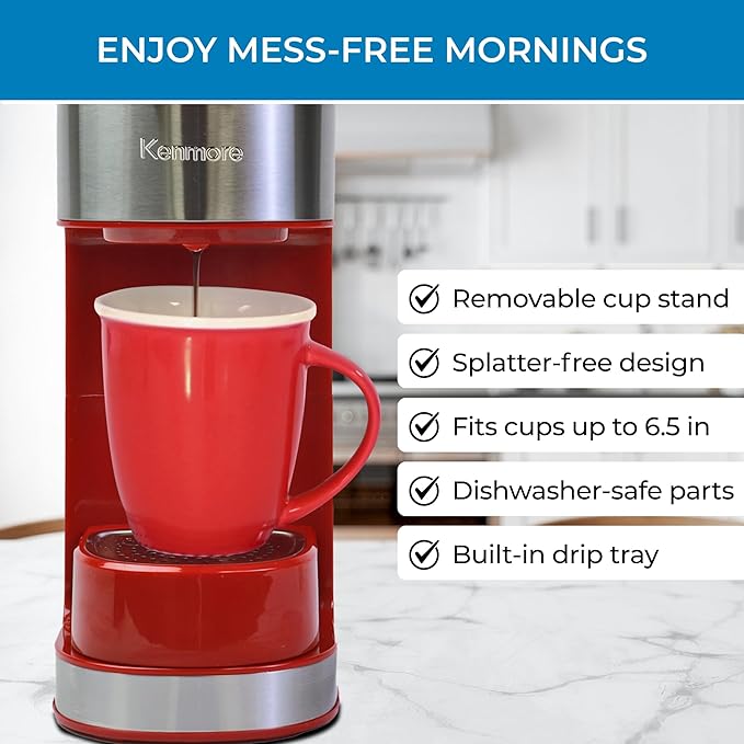 Koolatron Kenmore Single Serve Coffee Maker & Stainless Steel Travel Mug, Capsule/Pod & Ground Coffee Brewing, K Cup Compatible, Hot & Iced Coffee Machine, 6 to 14 Oz Brew Sizes, Auto Shut-Off, Red