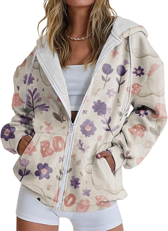 domirica Halloween Hoodie Lightweight Zip Hoodies For Women Fall Casual Vintage Sweatshirt Casual Wear Fashion Outfits