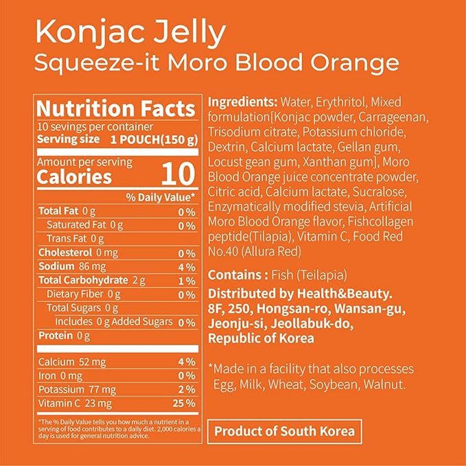 Korean Food Low Calories Squeeze Konjac Jelly Moro Blood Orange Flavor, Fish Collagen, Vitamin, Zero Sugar, Chewier Texture Health&Beauty (Net WT 5.07 oz, Pack of 10) 곤약젤리