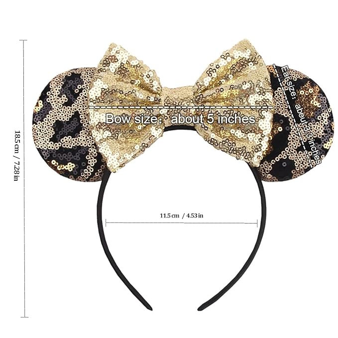 Foeran Mouse Ears Headbands Shiny Bows Mouse Ears Glitter Party Princess Decoration Cosplay Costume for Girls Women (Leopard/Gold)