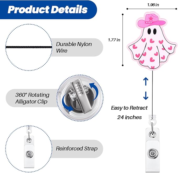Valentines Day Cowboy Ghost Funny Nurse Badge Reel, Cute Pink Heart Retractable ID Card Badge Holder, Name Tag Medical Work Badge Clip for RN CNA LPN MA Nursing Student Doctor Teacher Office Workers