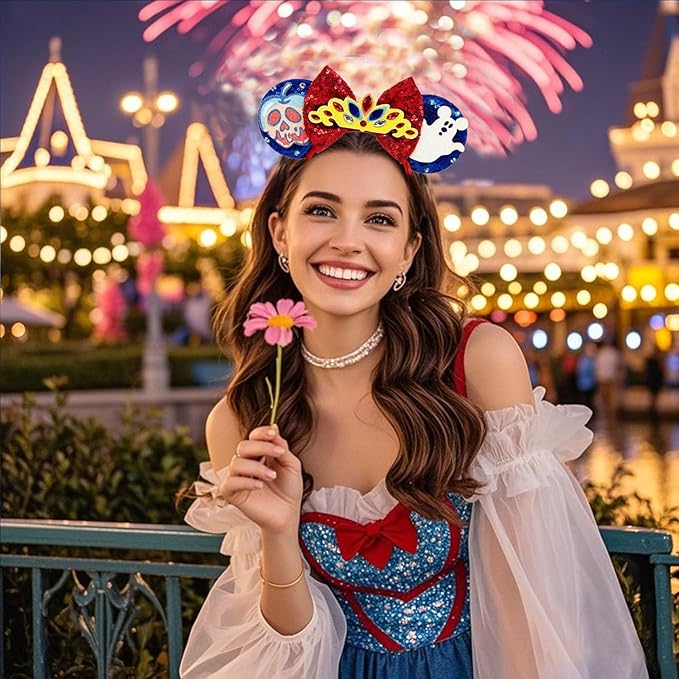 WW-WONDERFULWORLD Mouse Ears Headband with Royal Crown, Poison Apple and Ghost Accent, Red and Blue Sequin Halloween Park Costume Accessory, for Snow Fairy Princess Dress, Funny Cosplay Party;