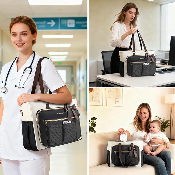 Teacher Tote Bag for Women,Multi-Pocket Laptop & Nurse Work Bag with Cup Holder,Structured Business Briefcase Computer Purse