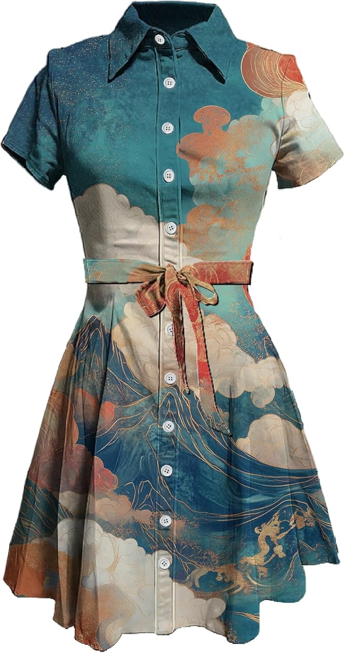 MARSVOVO Japanese Art Shirt Dresses for Women Short Sleeve Ruffle Button Down Tie Waist Trendy Elegant Midi Dress