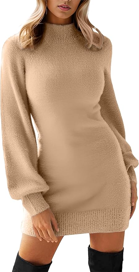 GRECERELLE 2026 Women's Mock Neck Ribbed Long Sleeve Bodycon Pullover Cute Mini Sweater Dress (XS-2XL)