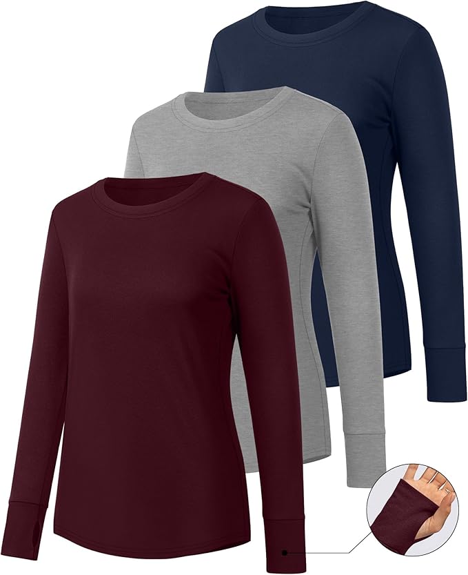 Huukeay 3 Pack Women's Long Sleeve Shirts with Thumb Holes, Cotton Casual Crew Neck Tunic Tops Fall Loose Y2k Trendy Outfits