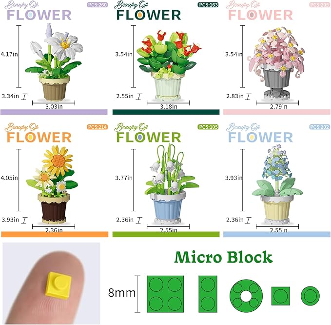 PQKIE 12 Pcs Flowers Bouquet Building Set,2531 Pcs Flower Botanical Collection Building Block Toy,Micro Plant for Home or Office Decor, Mother's Day Valentine Christmas Birthday Gifts for Adults,Girls