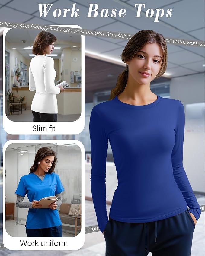 4 Pack Women's Underscrub Shirts Nurse Undershirts Long Sleeve Crewneck Slim Fit Tops Soft Stretchy Basic Tee