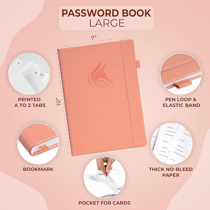 Clever Fox Password Book with alphabetical tabs. Internet Address Organizer Logbook. Large Password Keeper for Website Logins (Peach Pink)