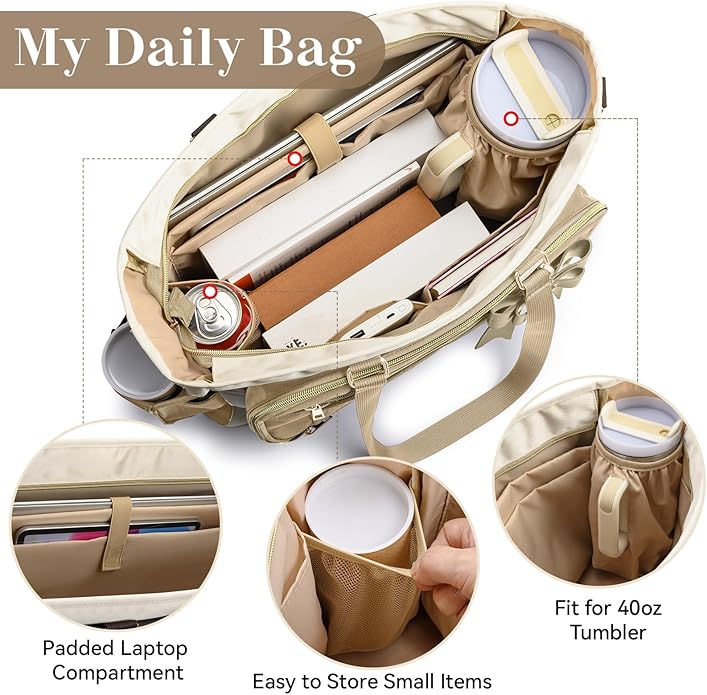 Teacher Tote Bag for Women,Multi-Pocket Laptop & Nurse Work Bag with Cup Holder,Structured Business Briefcase Computer Purse