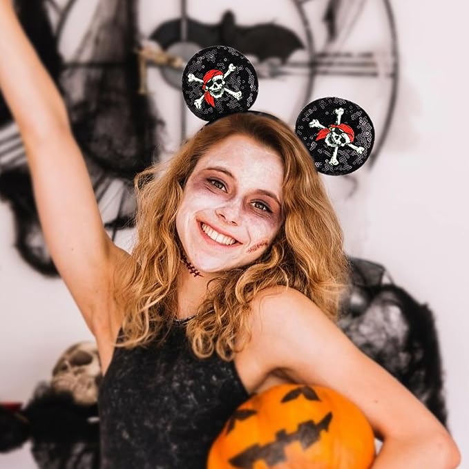 DRESHOW Pirate Themed Mouse Ears Headband with Bow Glitter Party Decoration Halloween Cosplay Costume for Women