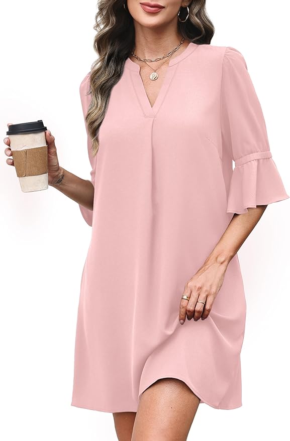 RUMIA Shift Dress for Women V Neck Ruffle Short Sleeve Loose Casual Summer Dress