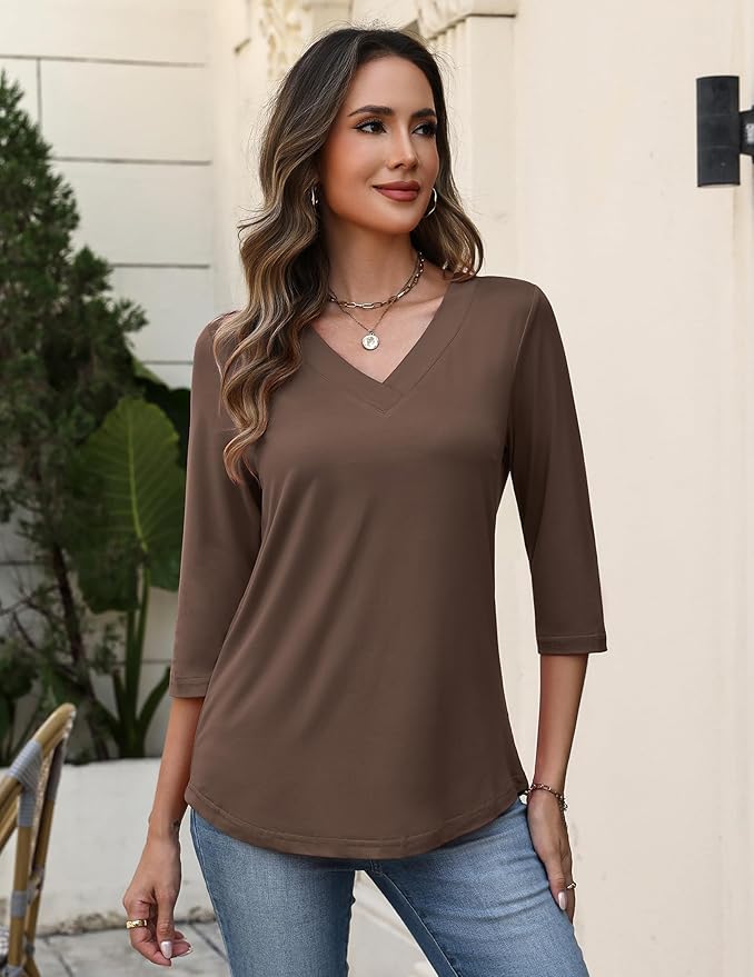 Zeagoo 3/4 Length Sleeve Womens Tops V Neck Shirt Dressy Casual Blouse Basic Tshirts 2026 Fashion Clothing S-2XL