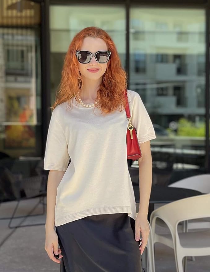 Zeagoo Womens Summer Short Sleeve Tops Crew Neck Lightweight Pullover Sweaters Loose Dressy Casual Blouse Basic Clothes
