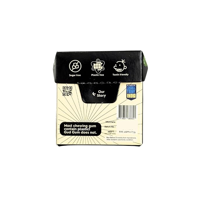 GUDGUM Natural & Sugar-Free Chewing Gum – Plastic-Free, Biodegradable, Vegan (Pack of 4, Charcoal Spearmint)