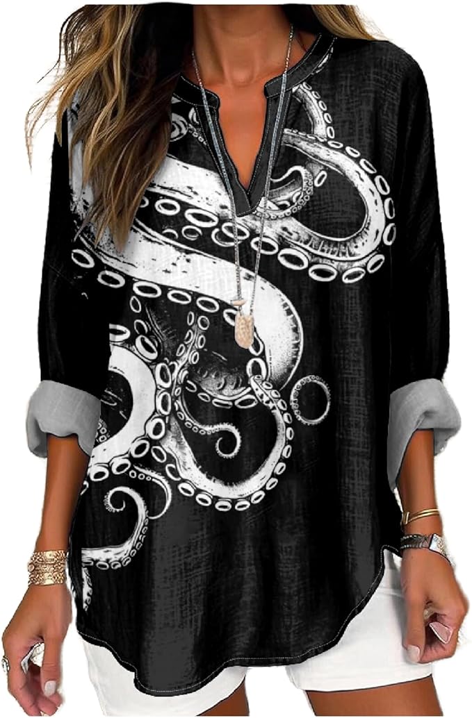 MARSVOVO V Neck Shirt For Women Boho Multi Style Blouse Long Sleeve Novelty Graphic Plus Size Pullover Tops For Women