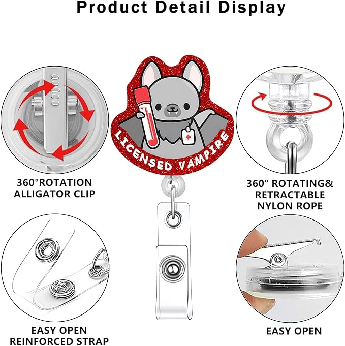 Phlebotomy Vampire Halloween Bat Badge Reels Retractable Funny Cute Badge Holder with Badge Reel ID Clip Name Tag Card Tag Card Badge Clip Acrylic Accessories Gifts Nurse Student RN Office Teacher