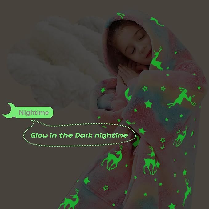 Glow in The Dark Wearable Blanket Hoodie for Kids Sherpa Patterns Oversized Sweatshirt Blanket with Pocket 6-10 Year Old Girl Birthday Gifts Rainbow