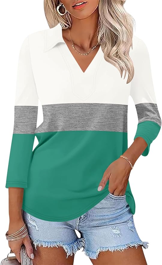 LOMON 3/4 Length Sleeve Womens Tops 2026 Spring Summer Collared Polo Shirts V Neck Casual Basic Polos Tees Shirt