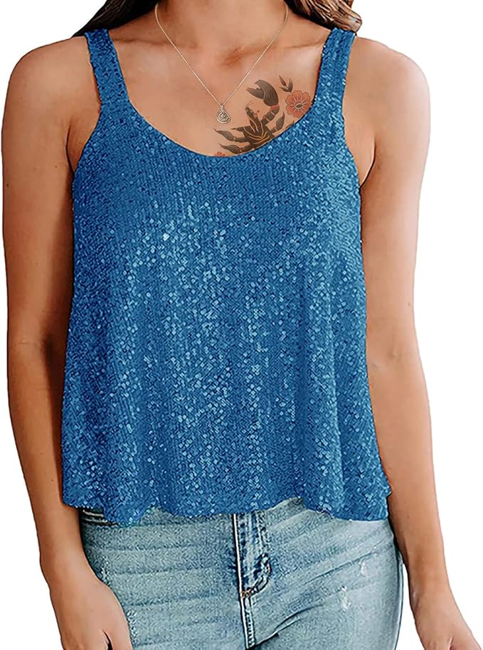 Sequin Top for Women Summer Scoop Neck Trendy Y2k Shining Shirts Casual Sleeveless Camisole Party Base Tank Tops