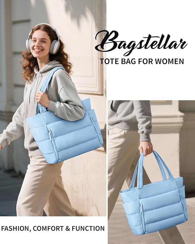 Puffer Tote Bag for Women, Lightweight Puffy Work Handbag Teacher Nurse Quilted Shoulder Bag for School Travel Gym | Quilted, with Zipper, Daily Carry On Bags, Comfy College Bags, 15.6" Laptop Sleeve, Cup Holder Pocket, Portable, Spacious
