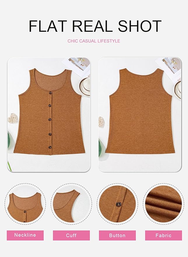 SHEWIN Womens Tank Tops Solid Button Crewneck Sleeveless Summer Tops Loose Fit