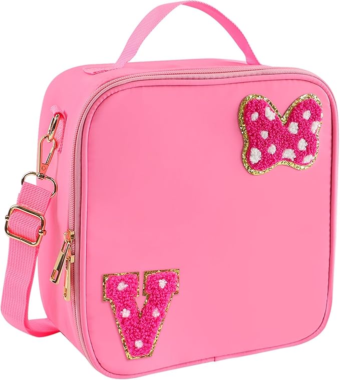 Preppy Initial Bow Mouse Lunch Bag, Kids Insulated Lunch Box Gifts for Teen Girls Daughter, Reusable Soft Lunch Containers Crossbody Cooler Bag Must Haves for Park Travel School Work Picnic Pink V