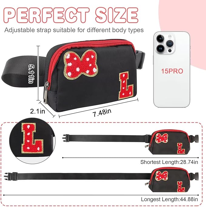 Initial Letter Bow Mouse-Ear Fanny Pack for Teen Girls,Cute Chenille Belt Bag Crossbody Travel Waist Pack for Women&Kids,Personalized Gift for Theme Park,School & Travel, Birthday Christmas(L)