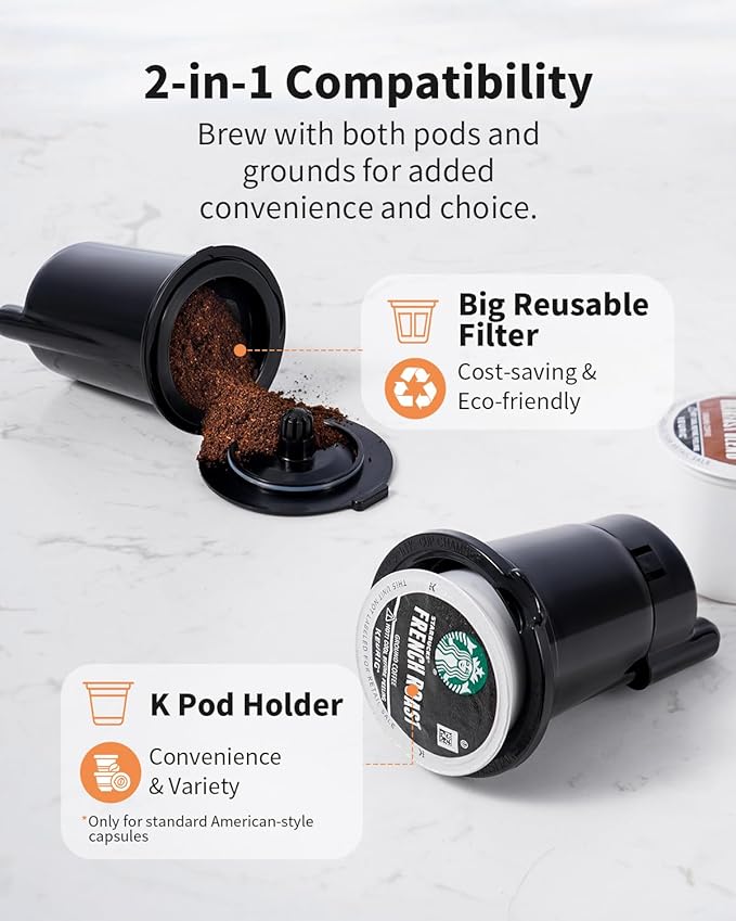 KIDISLE Hot & Iced Coffee Maker with Bold Setting, Single Serve Coffee Maker for K Cup and Grounds, 6-14 Oz Brew Sizes, 50 Oz Removable Water Tank, One Cup Coffee Machine with Reusable Filter, Black