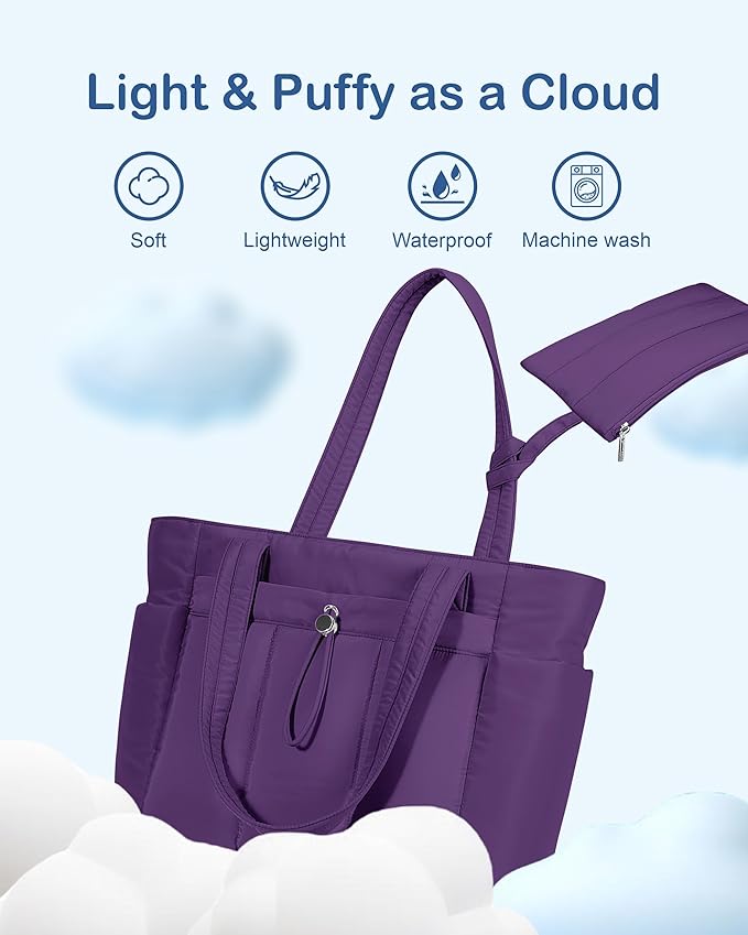 TOPDesign Puffy Tote Bag for Women with Cup Holder & Laptop Compartment & Cosmetic Bag & Trolley Sleeve for Work, Travel