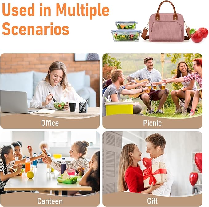Lunch Bag Large Insulated Lunch Box for Women Men Adult Cute Pink Lunchbox Corduroy Lunch Bags Boxes Pail with Adjustable Shoulder Strap for Work Mom Picnic Office Travel 11.4×6.8×9.1 inches 11.5L