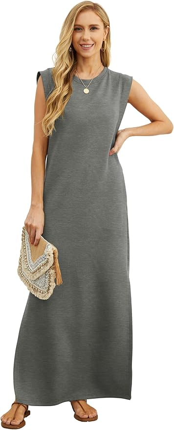 GRECERELLE 2026 Women Year-Round Casual Round Neck Loose Split Wrinkle-Free Long Maxi Vacation Dress with Pockets (XXS-4XL)