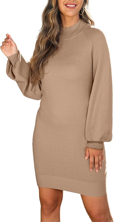 GRECERELLE 2026 Women's Mock Neck Ribbed Long Sleeve Bodycon Pullover Cute Mini Sweater Dress (XS-2XL)